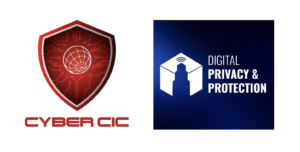 This image shows CYBER CIC's and Digital Privacy & Protection's logos on a white background. CYBER CIC's logo is on the viewer's left. It is a networked globe superimposed on a shield resembling a circuit board. The name CYBER CIC appears in red text below the shield, which also is mostly red. Digital Privacy & Protection's logo is on the viewer's right. It has a dark blue gradient background. DPP's full name appears in white text beside a cube with the outline of a building and Wi-Fi lines cut into the cube.